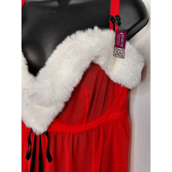 Adore Me Sheer Red Babydoll Lingerie With Faux Fur Trim & Pom Poms Size 40H - Picture 7 of 8